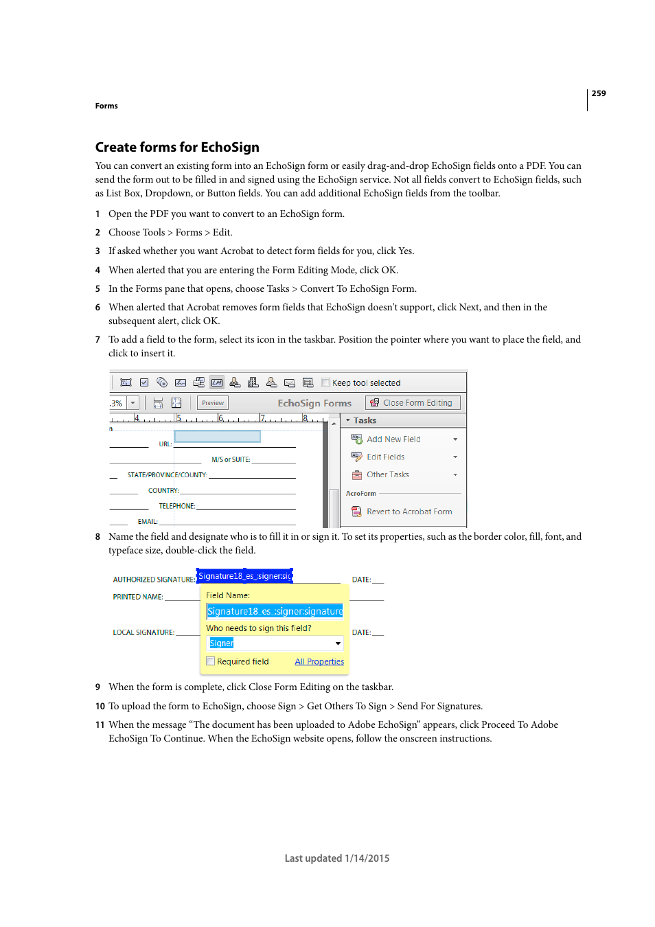 Create forms for echosign | Adobe Acrobat XI User Manual | Page 266 / 590