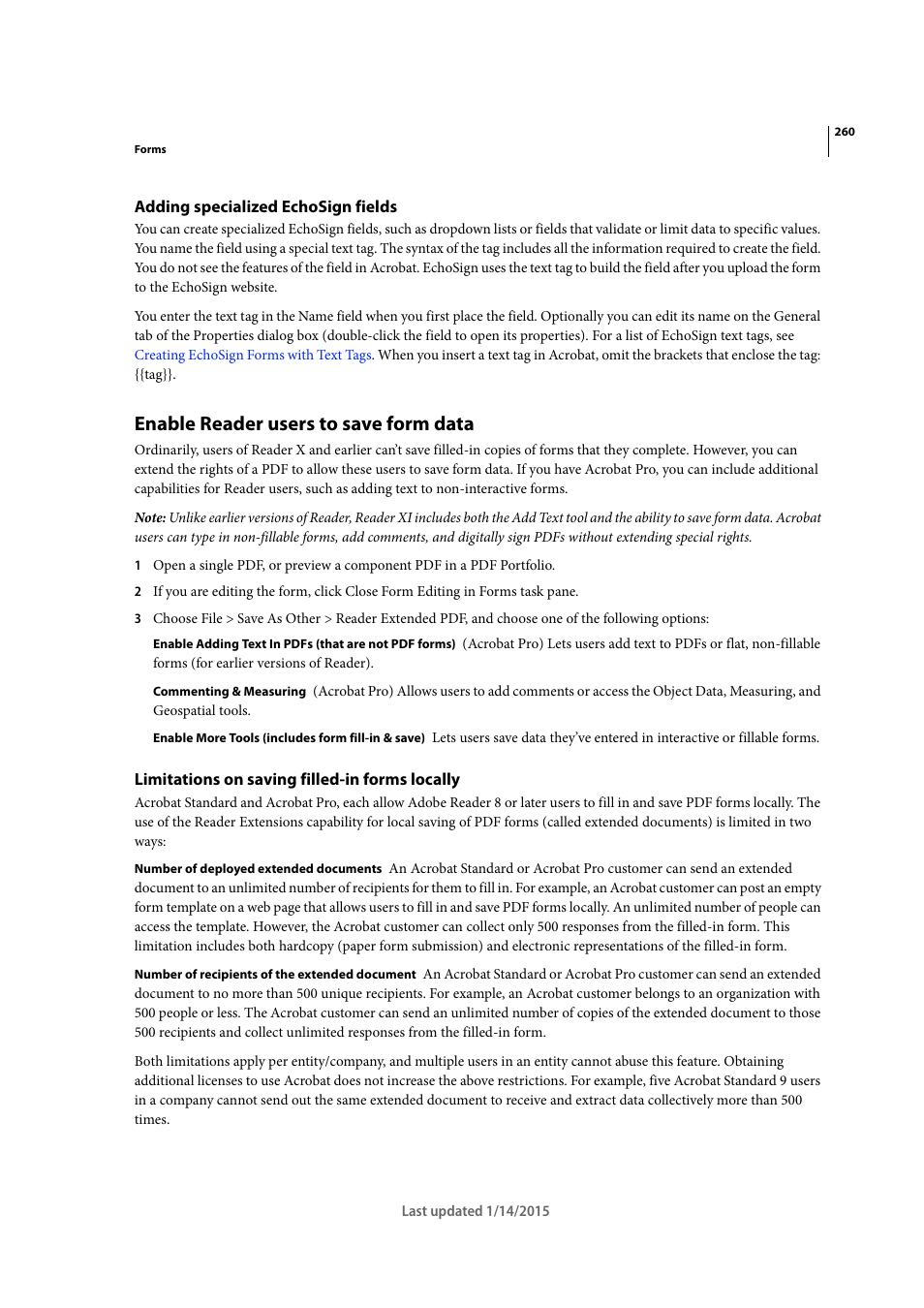 Adding specialized echosign fields, Enable reader users to save form data, Limitations on saving filled-in forms locally | Adobe Acrobat XI User Manual | Page 267 / 590