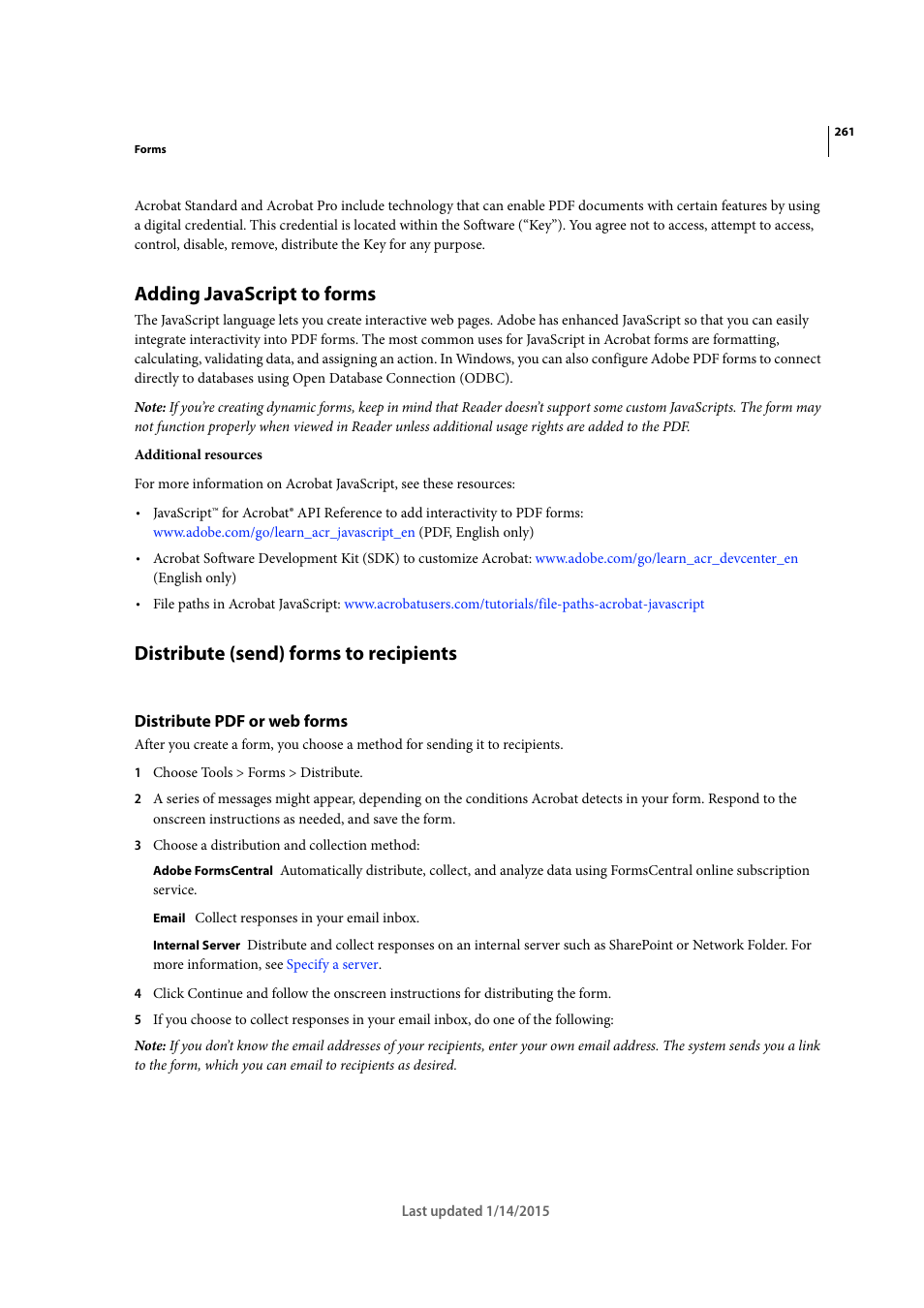 Adding javascript to forms, Distribute (send) forms to recipients, Distribute pdf or web forms | Adobe Acrobat XI User Manual | Page 268 / 590