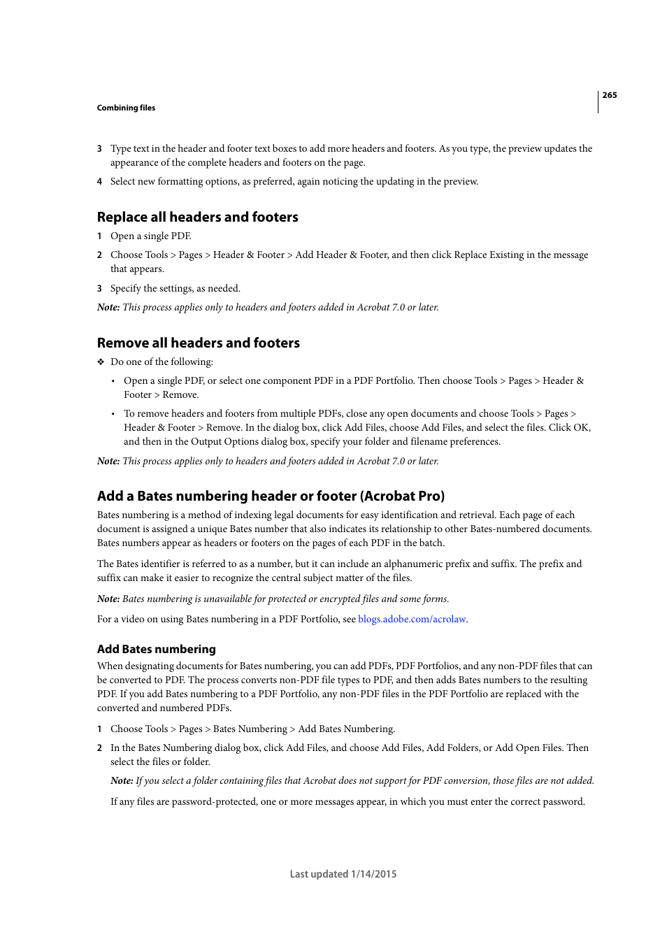 Replace all headers and footers, Remove all headers and footers, Add bates numbering | Adobe Acrobat XI User Manual | Page 272 / 590