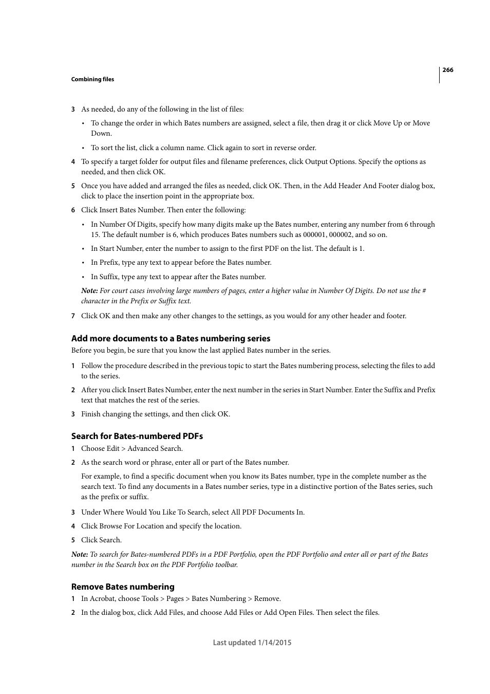 Add more documents to a bates numbering series, Search for bates-numbered pdfs, Remove bates numbering | Adobe Acrobat XI User Manual | Page 273 / 590