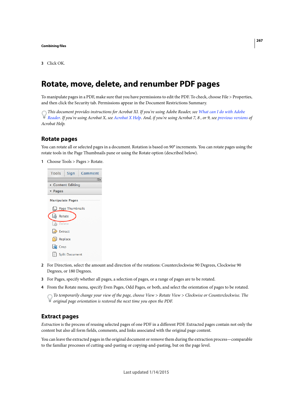 Rotate, move, delete, and renumber pdf pages, Rotate pages, Extract pages | Adobe Acrobat XI User Manual | Page 274 / 590