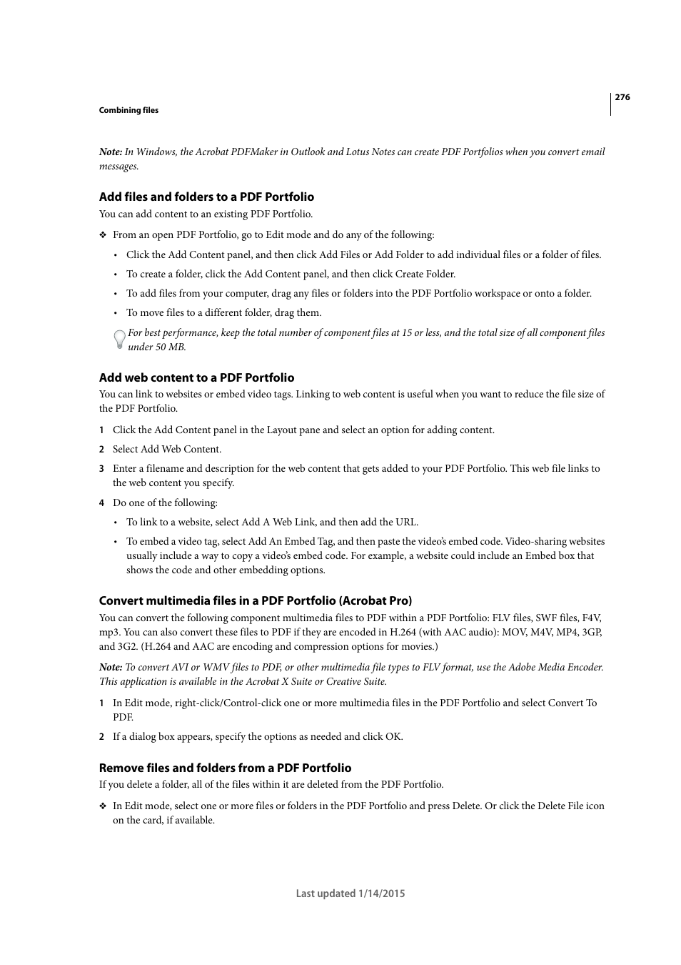 Add files and folders to a pdf portfolio, Add web content to a pdf portfolio, Remove files and folders from a pdf portfolio | Adobe Acrobat XI User Manual | Page 283 / 590