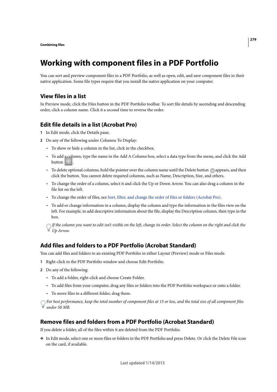 Working with component files in a pdf portfolio, View files in a list, Edit file details in a list (acrobat pro) | Adobe Acrobat XI User Manual | Page 286 / 590