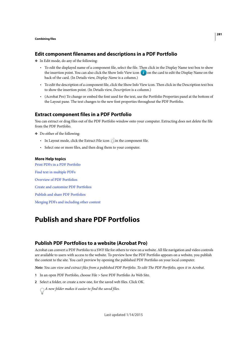 Extract component files in a pdf portfolio, Publish and share pdf portfolios, Publish pdf portfolios to a website (acrobat pro) | Adobe Acrobat XI User Manual | Page 288 / 590