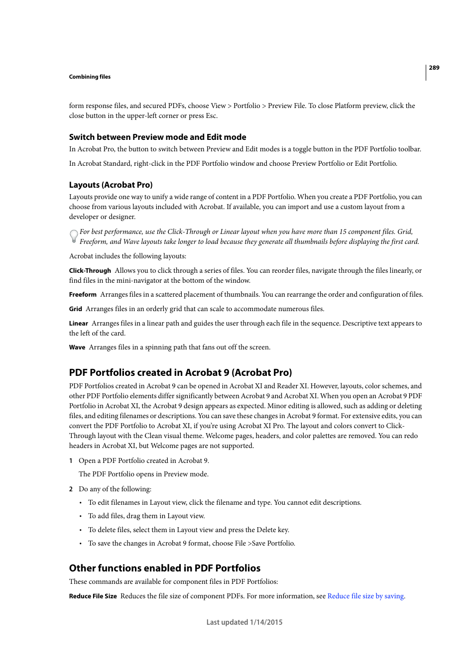 Switch between preview mode and edit mode, Layouts (acrobat pro), Pdf portfolios created in acrobat 9 (acrobat pro) | Other functions enabled in pdf portfolios | Adobe Acrobat XI User Manual | Page 296 / 590