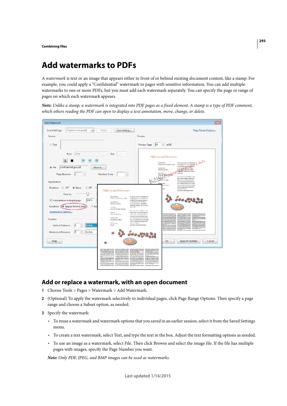 Add watermarks to pdfs, Add or replace a watermark, with an open document | Adobe Acrobat XI User Manual | Page 300 / 590