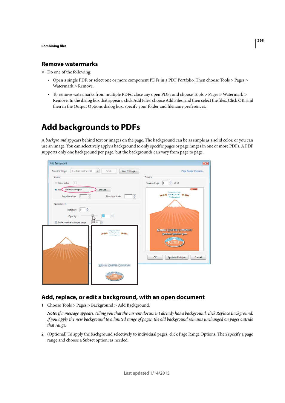 Remove watermarks, Add backgrounds to pdfs | Adobe Acrobat XI User Manual | Page 302 / 590