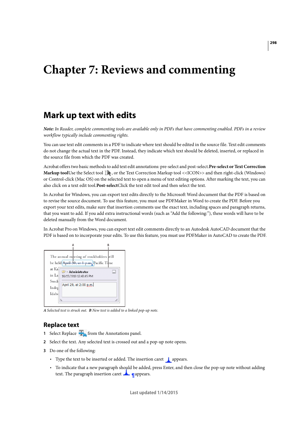 Chapter 7: reviews and commenting, Mark up text with edits, Replace text | Adobe Acrobat XI User Manual | Page 305 / 590