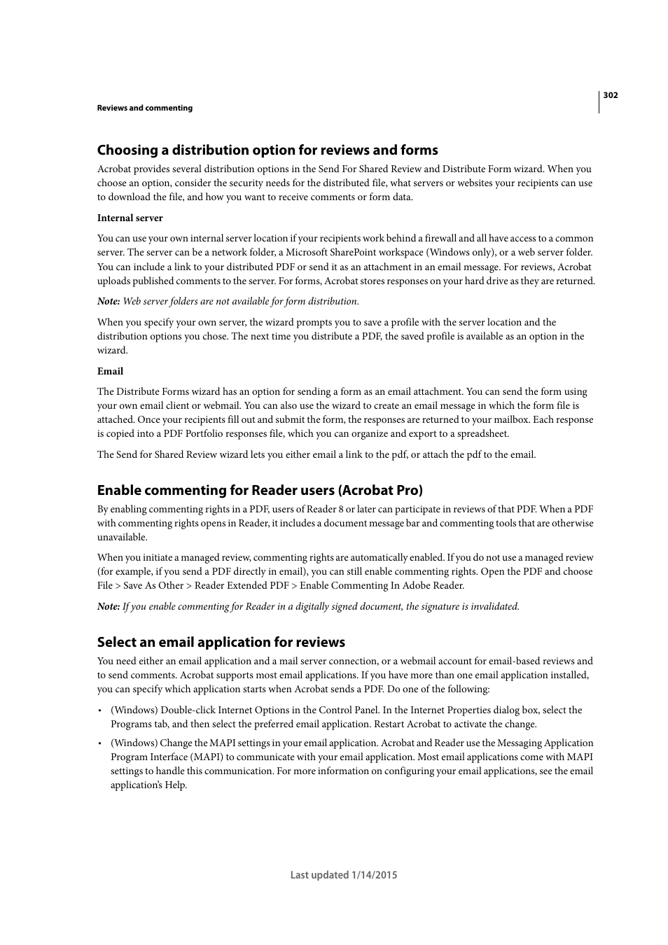 Enable commenting for reader users (acrobat pro), Select an email application for reviews | Adobe Acrobat XI User Manual | Page 309 / 590