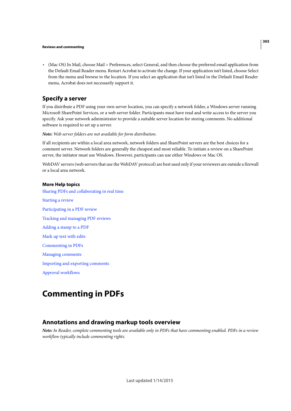 Specify a server, Commenting in pdfs, Annotations and drawing markup tools overview | Adobe Acrobat XI User Manual | Page 310 / 590