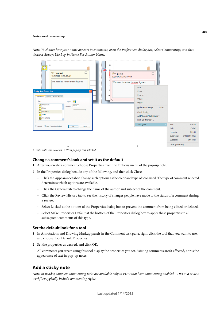 Change a comment’s look and set it as the default, Set the default look for a tool, Add a sticky note | Adobe Acrobat XI User Manual | Page 314 / 590