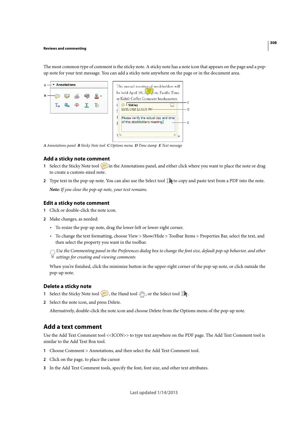 Add a sticky note comment, Edit a sticky note comment, Delete a sticky note | Add a text comment | Adobe Acrobat XI User Manual | Page 315 / 590