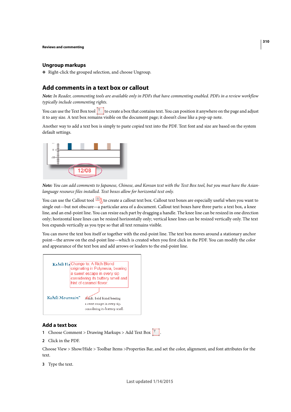 Ungroup markups, Add comments in a text box or callout, Add a text box | Adobe Acrobat XI User Manual | Page 317 / 590