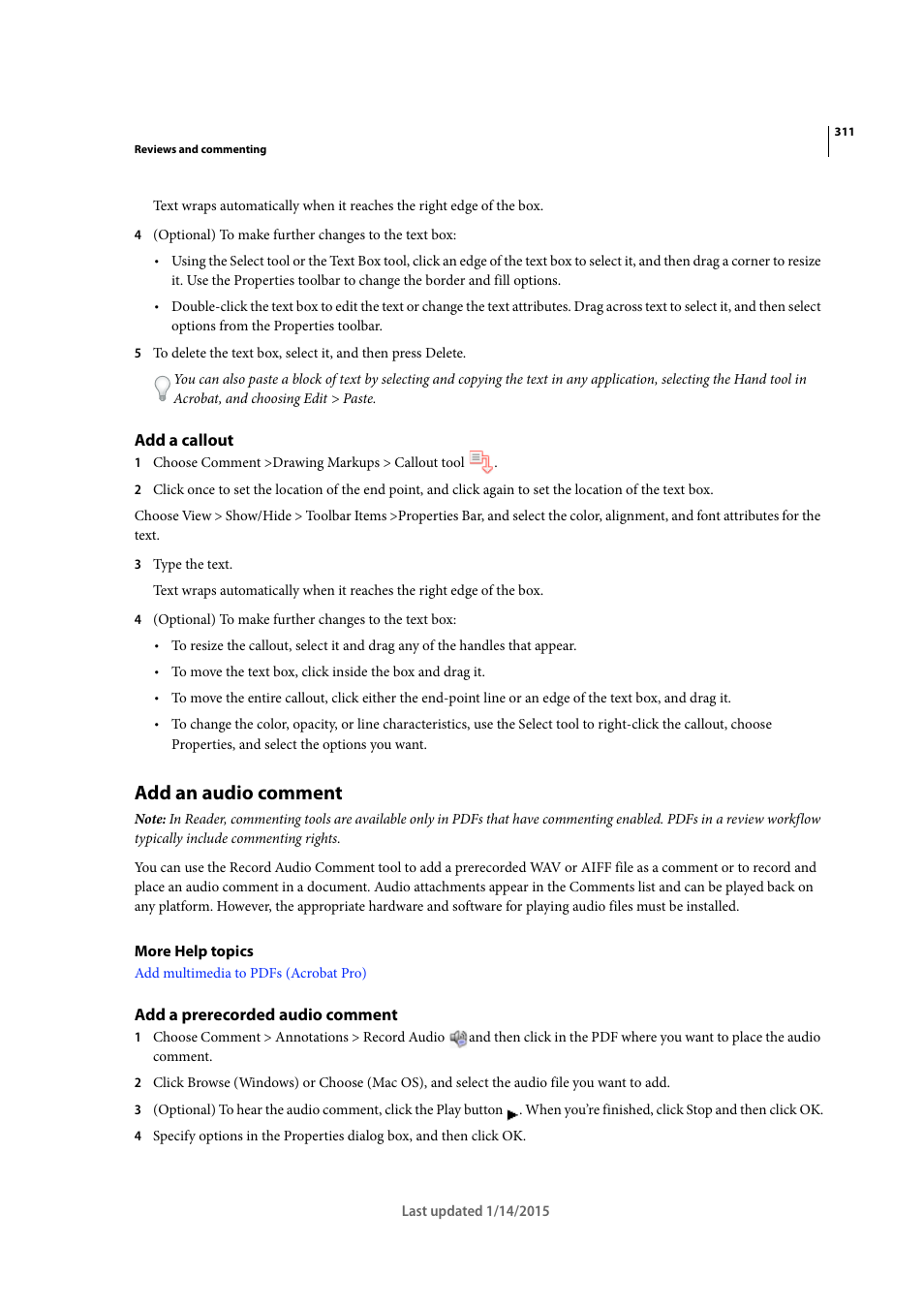 Add a callout, Add an audio comment, Add a prerecorded audio comment | Adobe Acrobat XI User Manual | Page 318 / 590