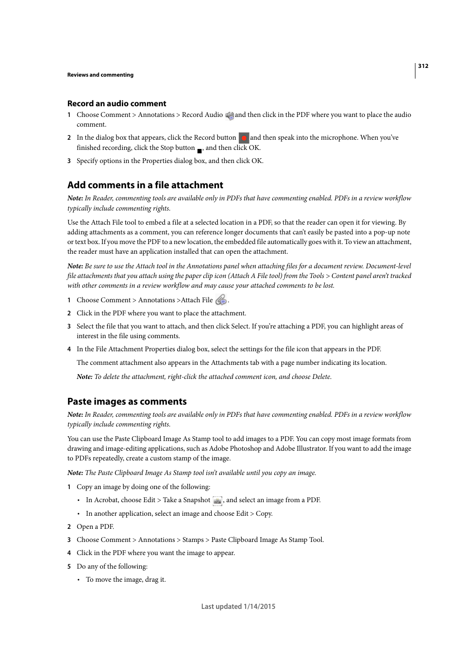 Record an audio comment, Add comments in a file attachment, Paste images as comments | Adobe Acrobat XI User Manual | Page 319 / 590