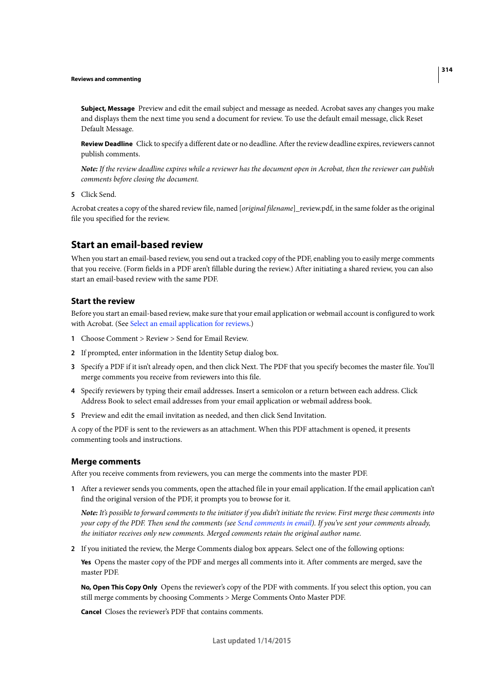 Start an email-based review, Start the review, Merge comments | Adobe Acrobat XI User Manual | Page 321 / 590
