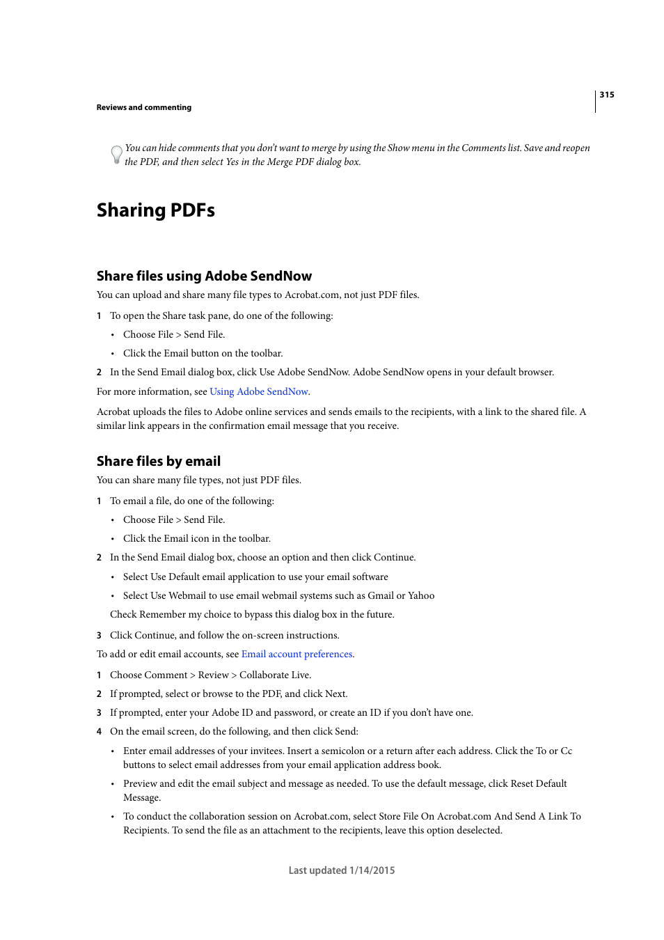 Sharing pdfs, Share files using adobe sendnow, Share files by email | Adobe Acrobat XI User Manual | Page 322 / 590