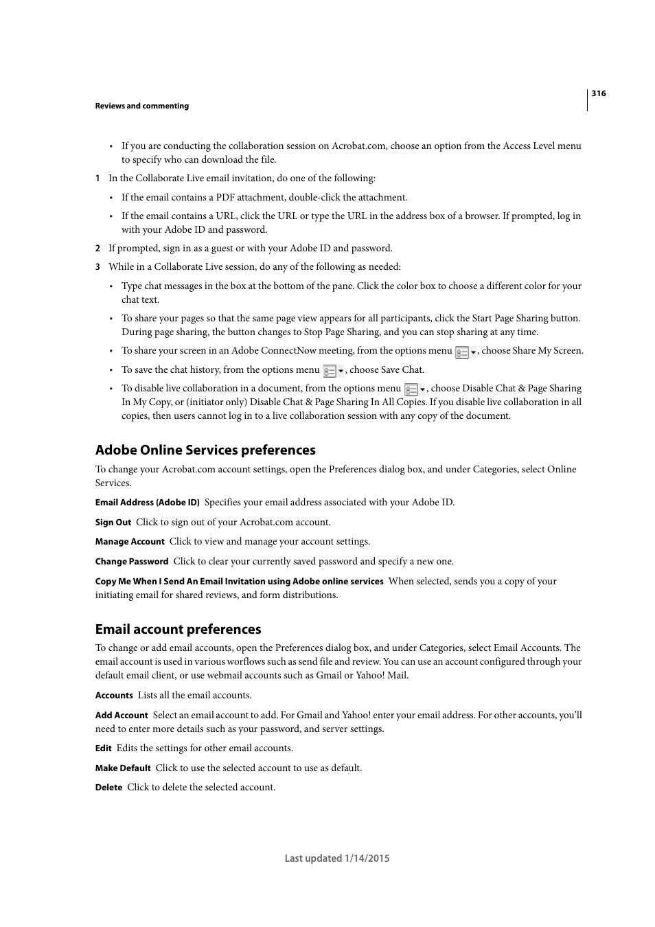 Adobe online services preferences, Email account preferences | Adobe Acrobat XI User Manual | Page 323 / 590