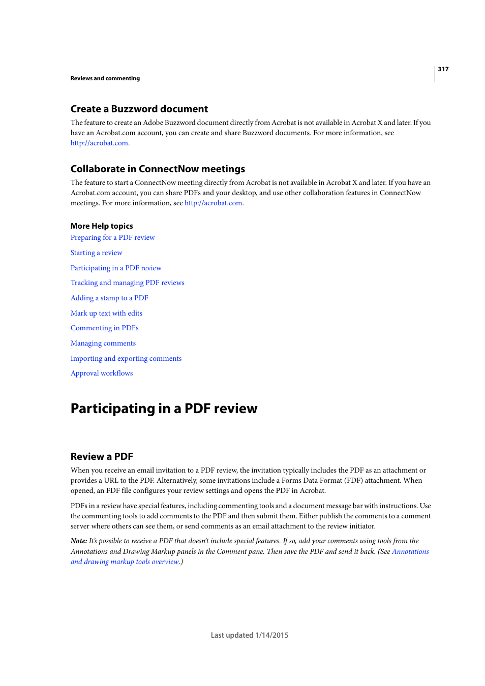 Create a buzzword document, Collaborate in connectnow meetings, Participating in a pdf review | Review a pdf | Adobe Acrobat XI User Manual | Page 324 / 590