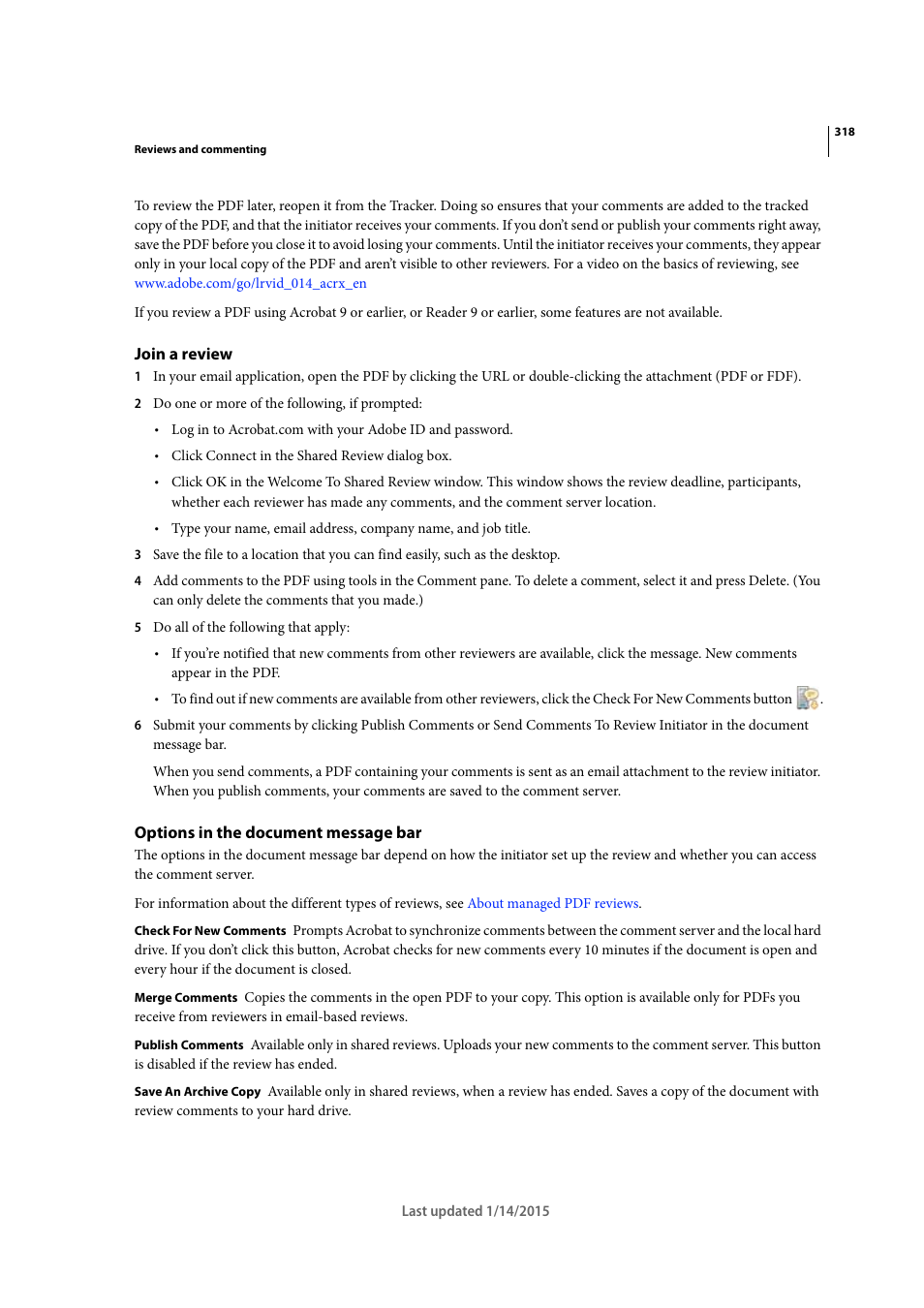 Join a review, Options in the document message bar | Adobe Acrobat XI User Manual | Page 325 / 590