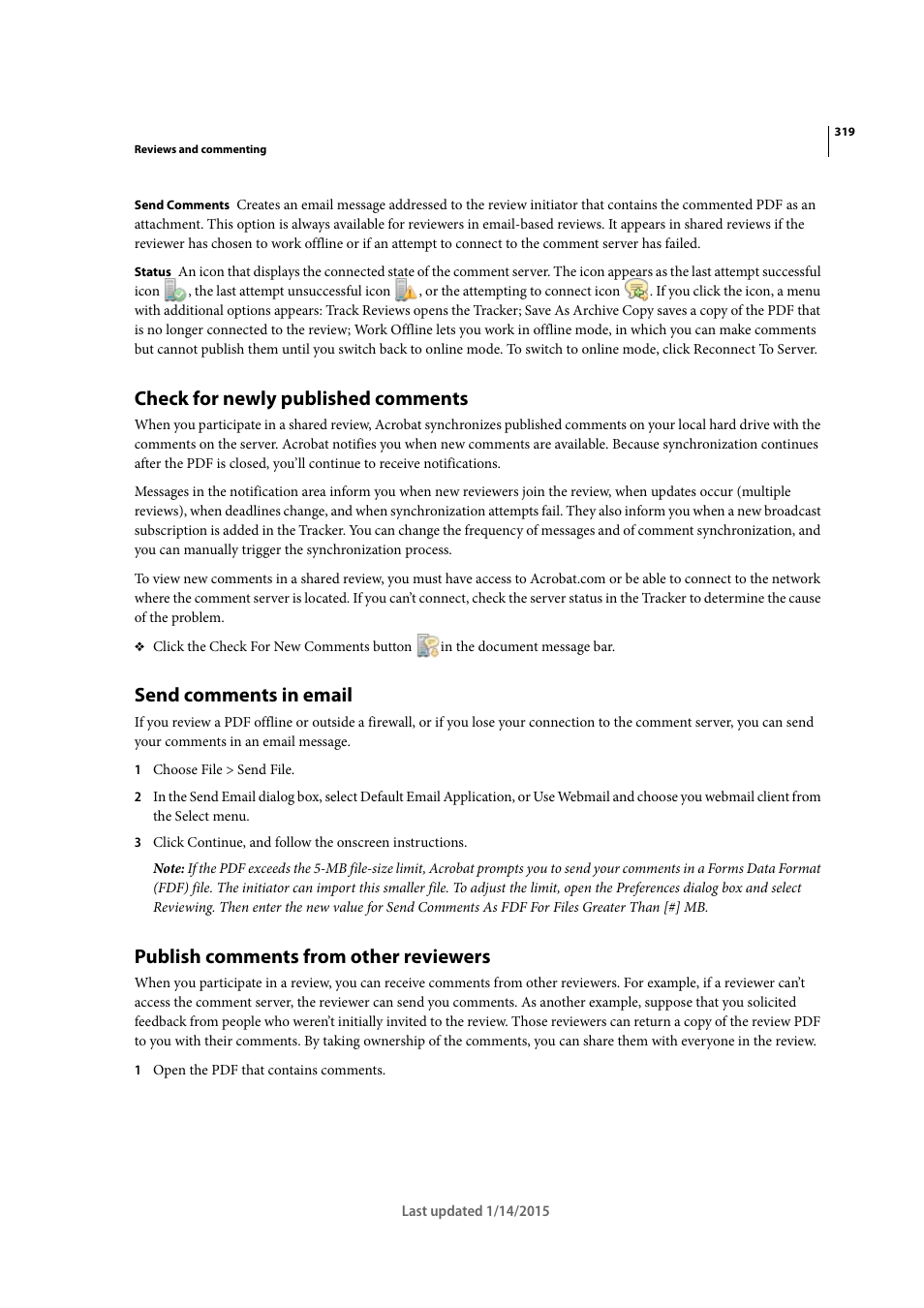 Check for newly published comments, Send comments in email, Publish comments from other reviewers | Adobe Acrobat XI User Manual | Page 326 / 590