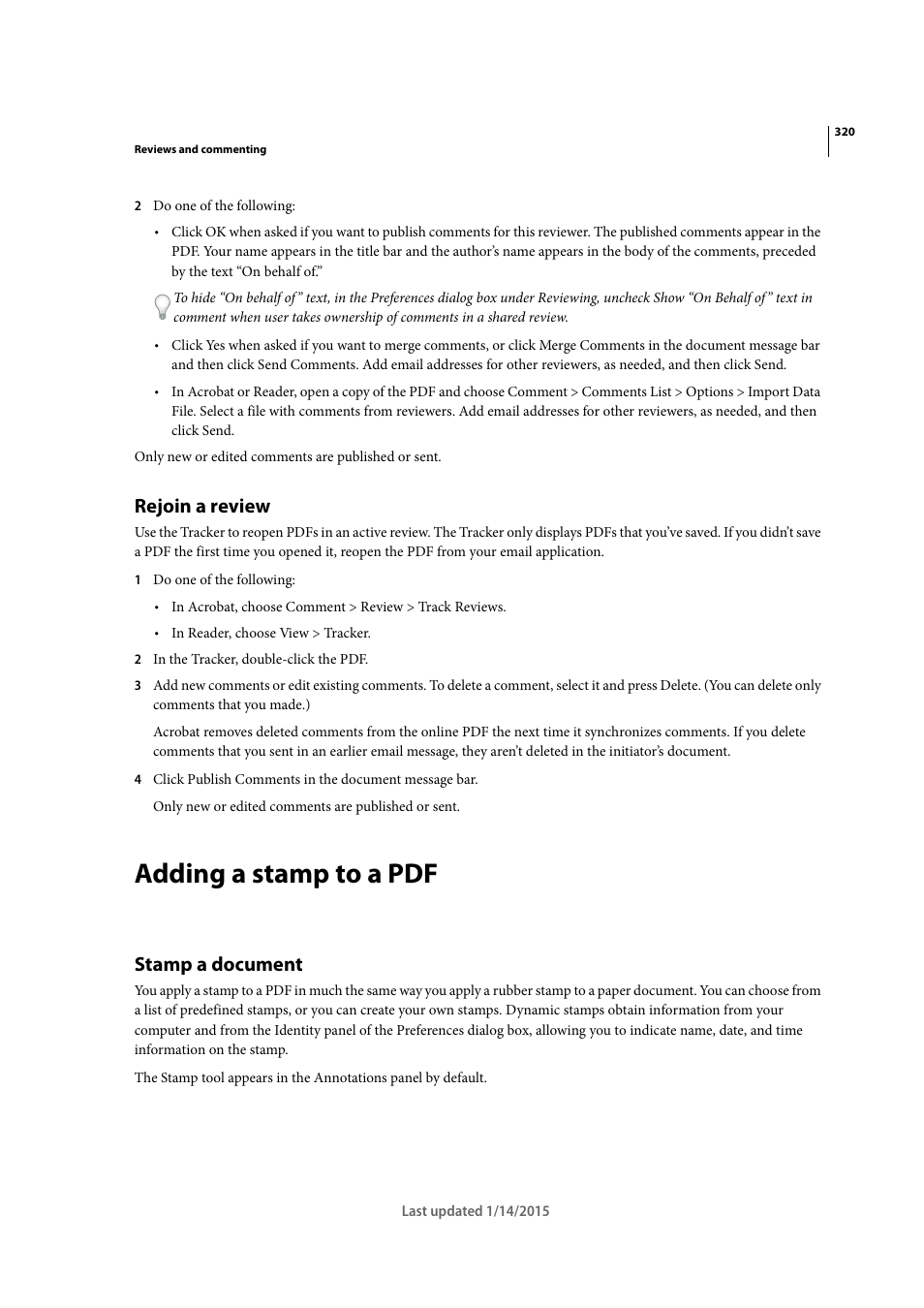 Rejoin a review, Adding a stamp to a pdf, Stamp a document | Adobe Acrobat XI User Manual | Page 327 / 590