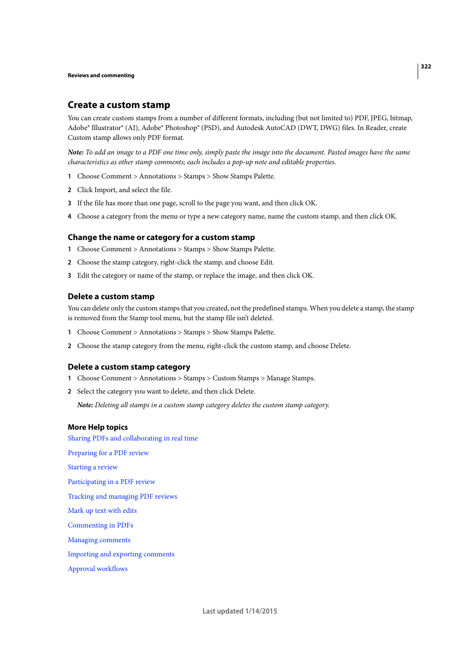 Create a custom stamp, Change the name or category for a custom stamp, Delete a custom stamp | Delete a custom stamp category | Adobe Acrobat XI User Manual | Page 329 / 590