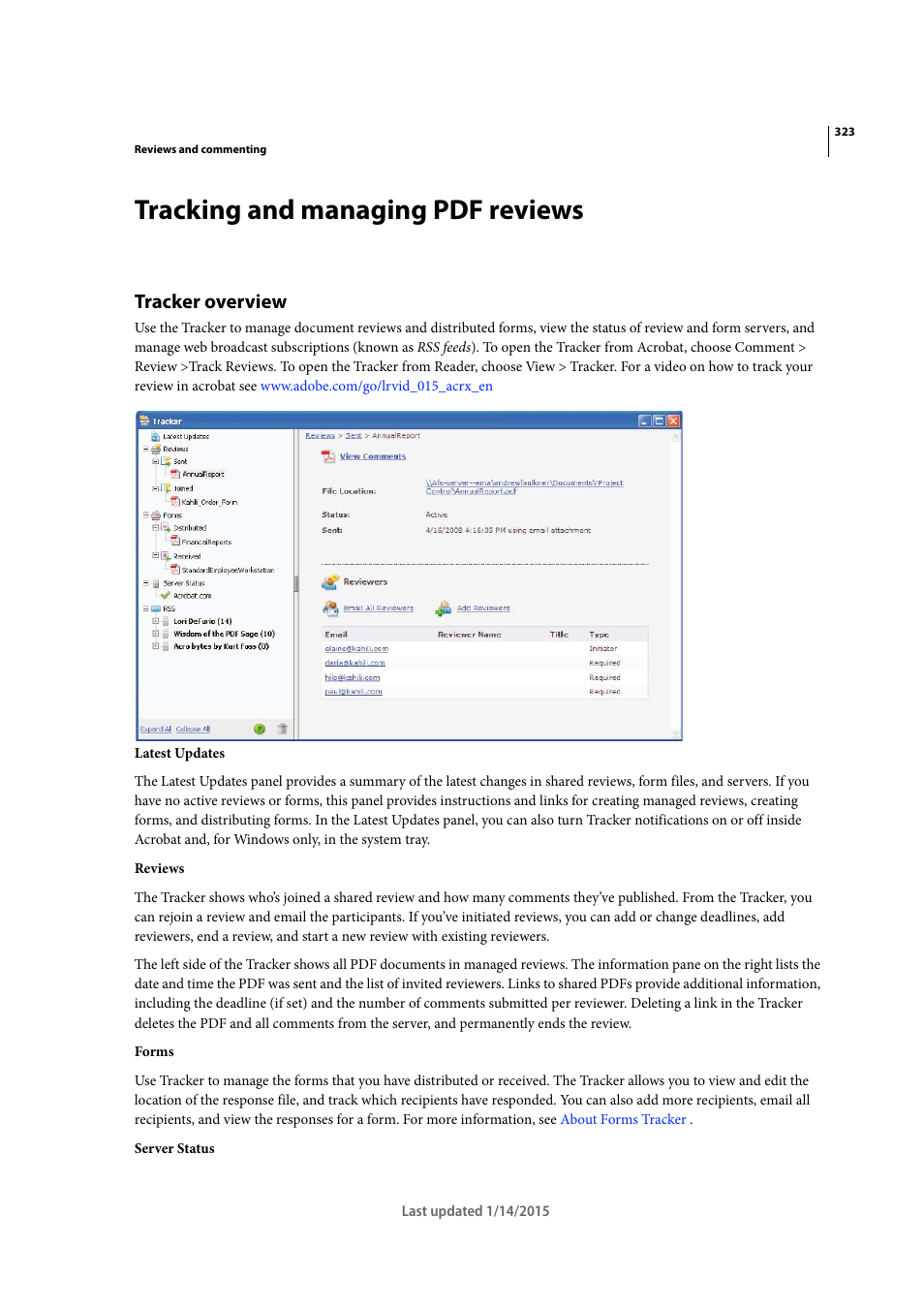 Tracking and managing pdf reviews, Tracker overview | Adobe Acrobat XI User Manual | Page 330 / 590