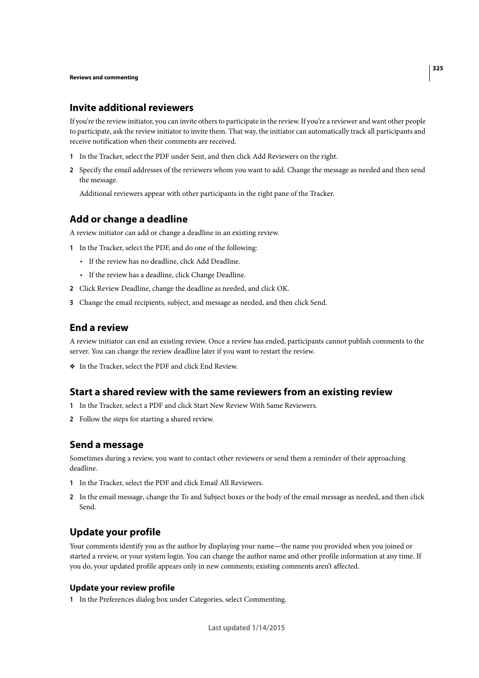 Invite additional reviewers, Add or change a deadline, End a review | Send a message, Update your profile, Update your review profile | Adobe Acrobat XI User Manual | Page 332 / 590