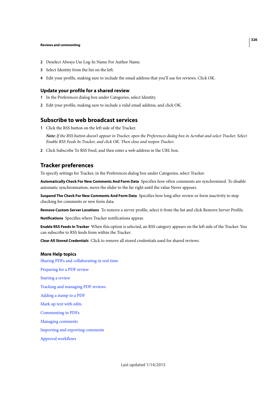 Update your profile for a shared review, Subscribe to web broadcast services, Tracker preferences | Adobe Acrobat XI User Manual | Page 333 / 590