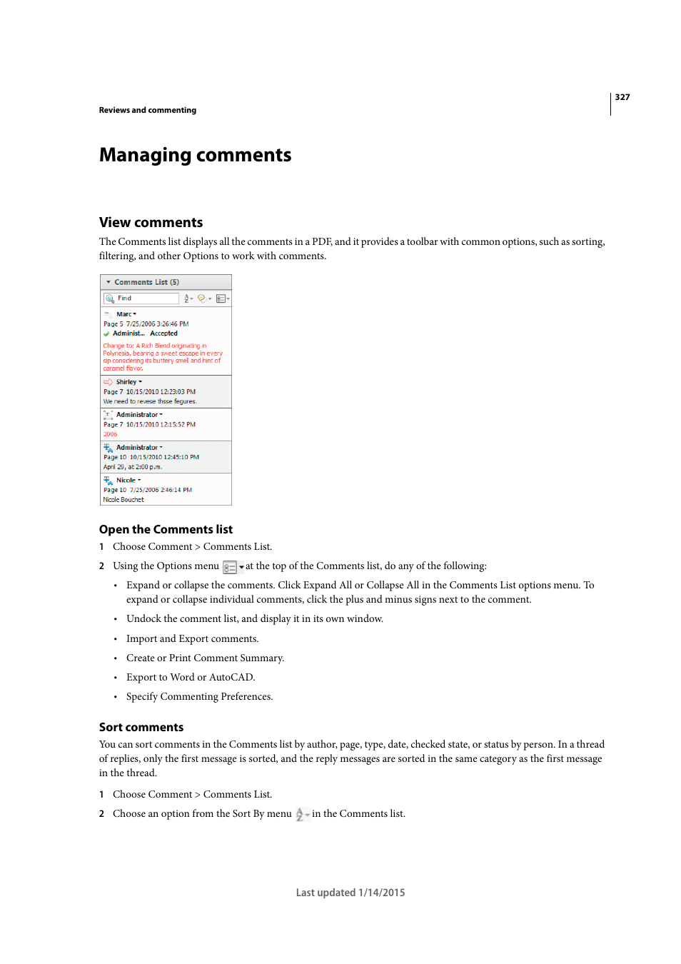 Managing comments, View comments, Open the comments list | Sort comments | Adobe Acrobat XI User Manual | Page 334 / 590