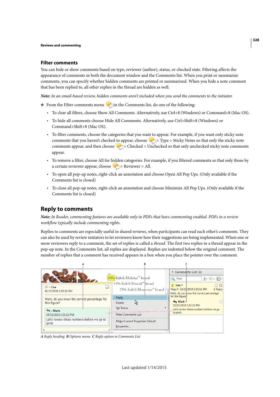 Filter comments, Reply to comments | Adobe Acrobat XI User Manual | Page 335 / 590