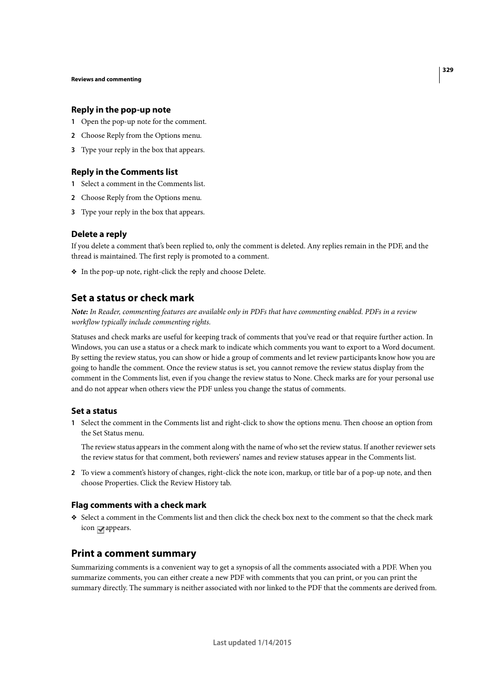 Reply in the pop-up note, Reply in the comments list, Delete a reply | Set a status or check mark, Set a status, Flag comments with a check mark, Print a comment summary | Adobe Acrobat XI User Manual | Page 336 / 590