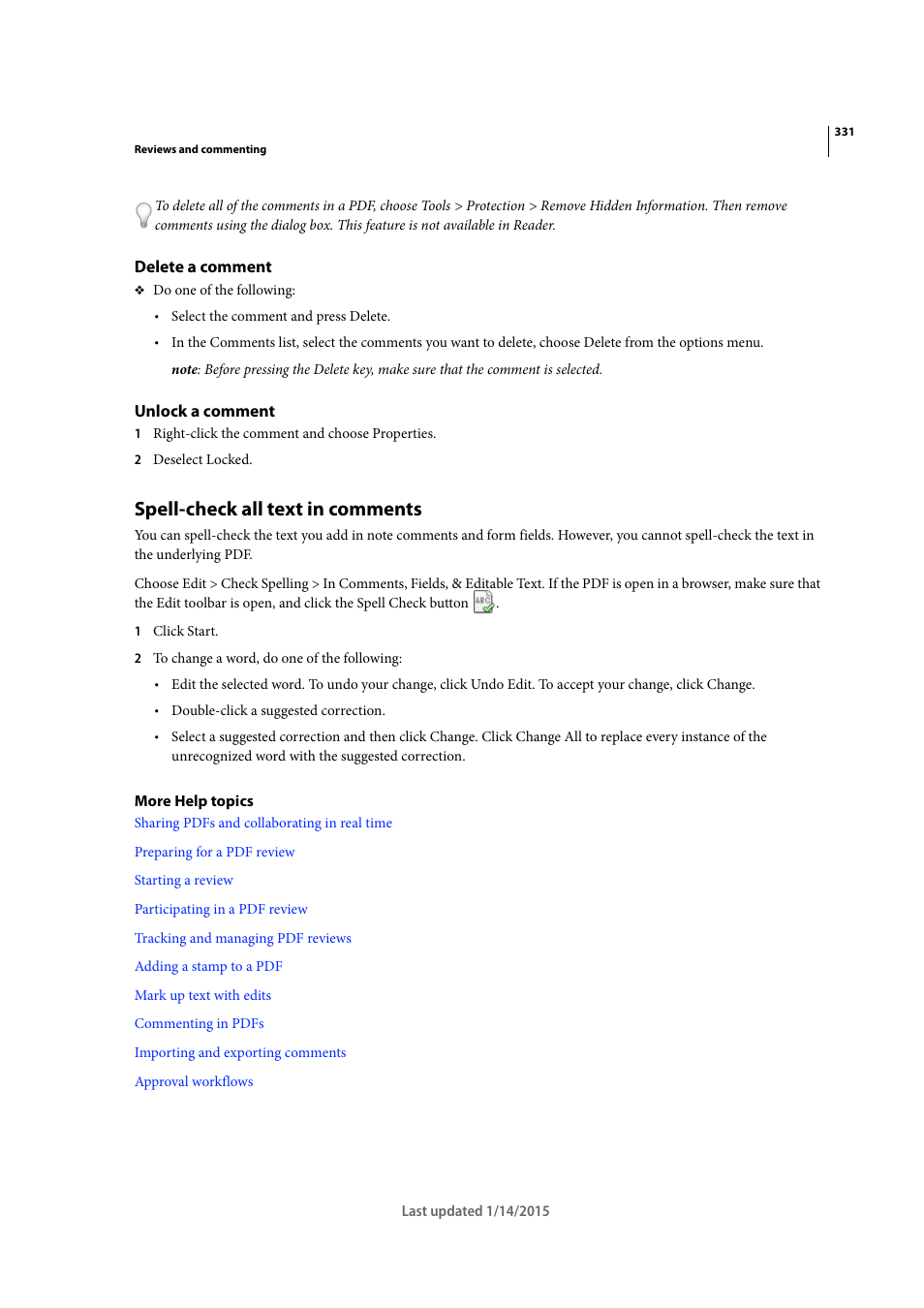 Delete a comment, Unlock a comment, Spell-check all text in comments | Adobe Acrobat XI User Manual | Page 338 / 590