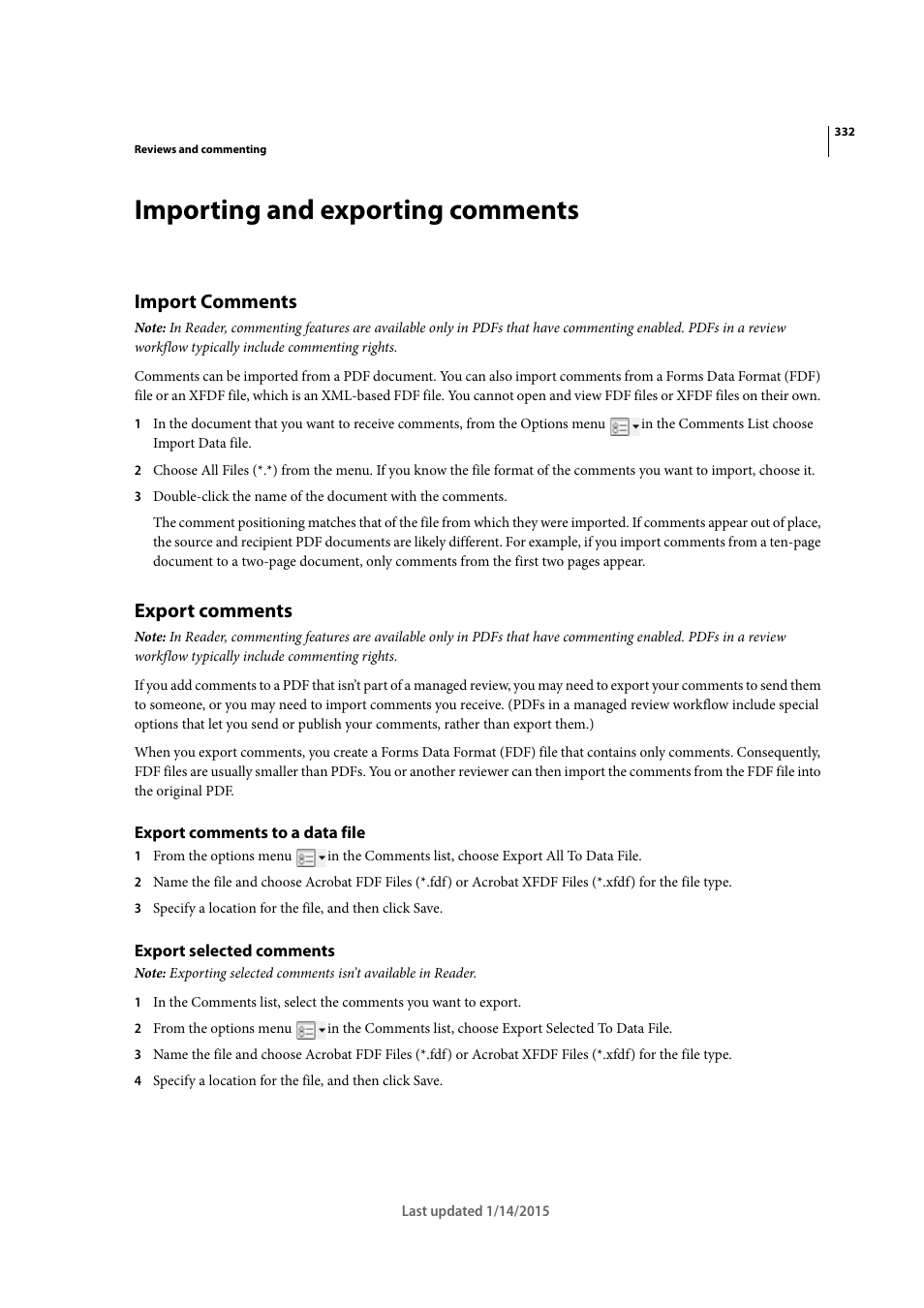 Importing and exporting comments, Import comments, Export comments | Export comments to a data file, Export selected comments | Adobe Acrobat XI User Manual | Page 339 / 590