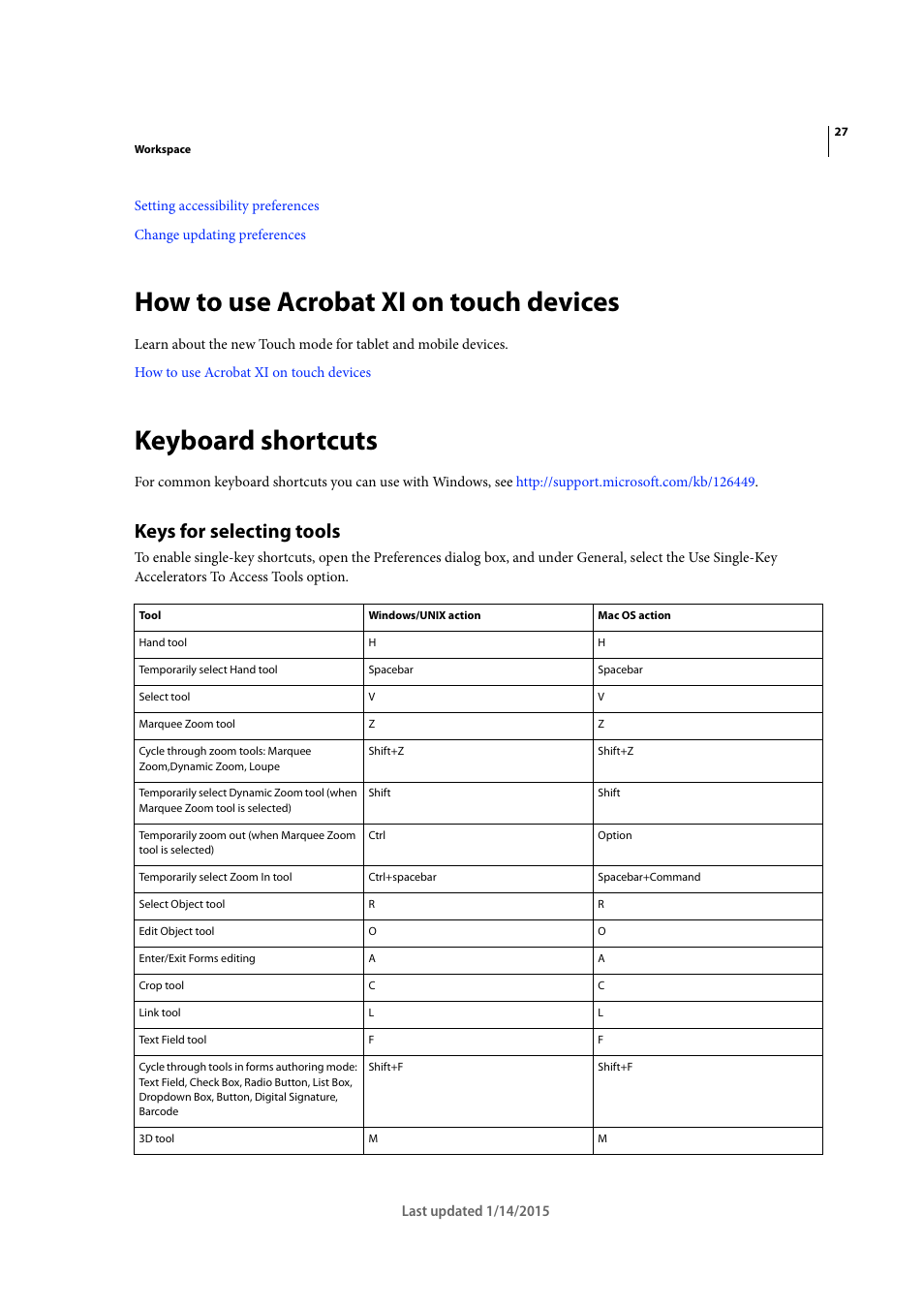 How to use acrobat xi on touch devices, Keyboard shortcuts, Keys for selecting tools | Adobe Acrobat XI User Manual | Page 34 / 590