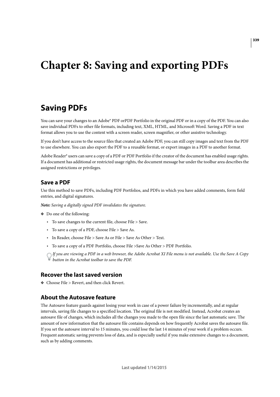 Chapter 8: saving and exporting pdfs, Saving pdfs, Save a pdf | Recover the last saved version, About the autosave feature | Adobe Acrobat XI User Manual | Page 346 / 590