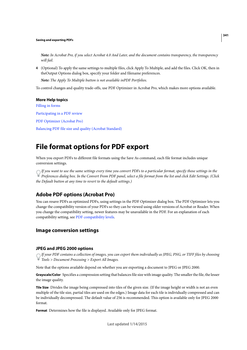 File format options for pdf export, Adobe pdf options (acrobat pro), Image conversion settings | Jpeg and jpeg 2000 options | Adobe Acrobat XI User Manual | Page 348 / 590