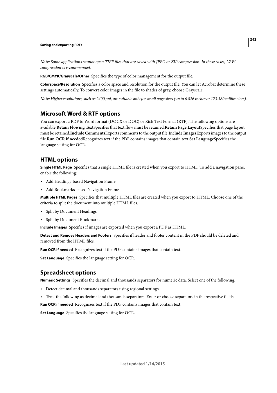 Microsoft word & rtf options, Html options, Spreadsheet options | Adobe Acrobat XI User Manual | Page 350 / 590