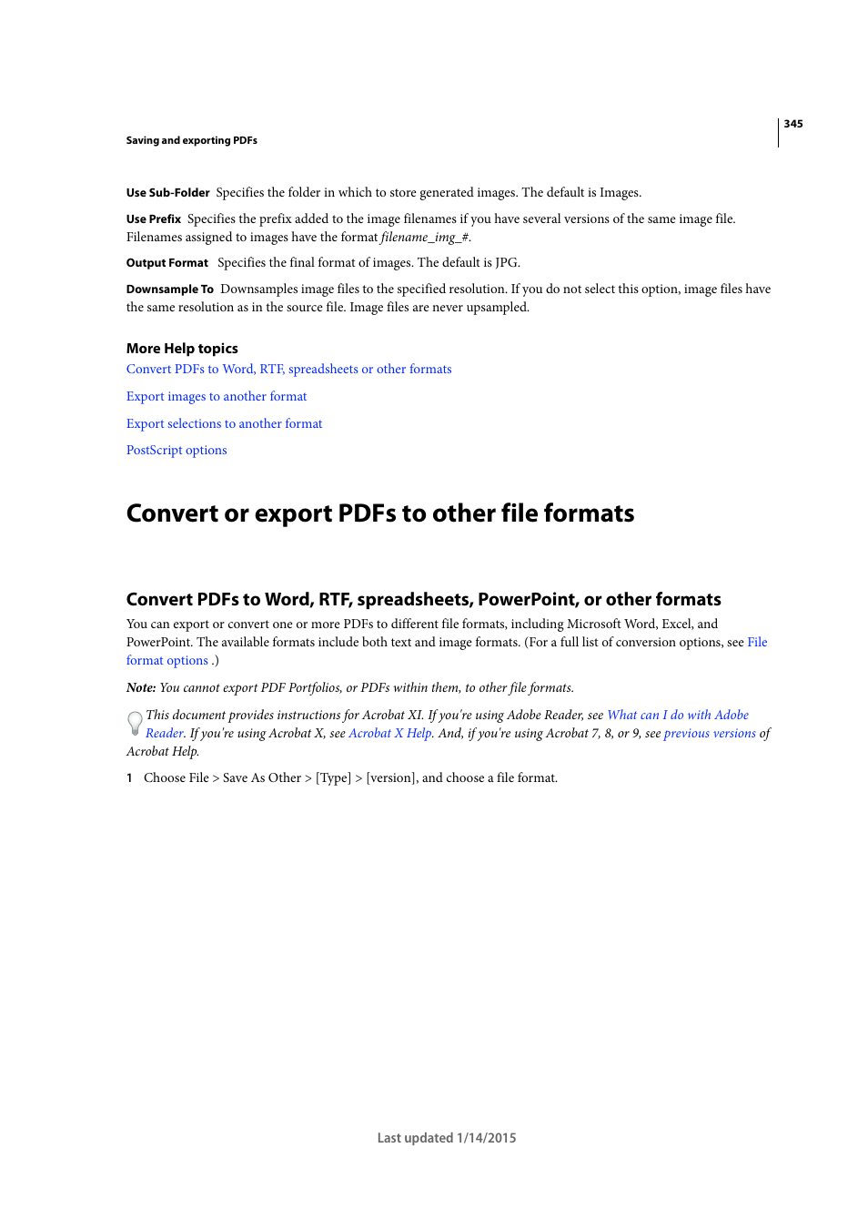 Convert or export pdfs to other file formats | Adobe Acrobat XI User Manual | Page 352 / 590