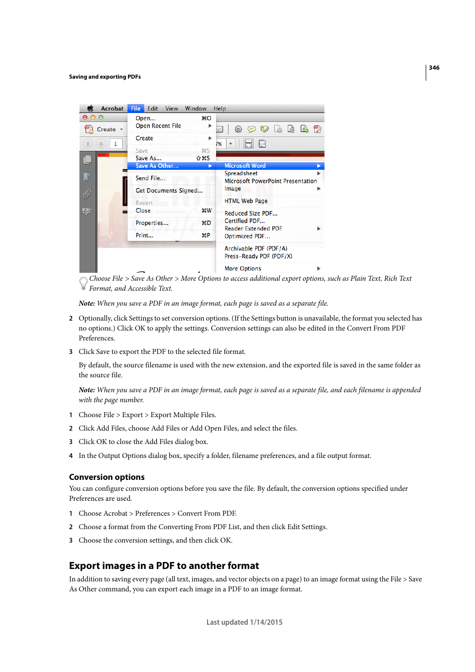 Conversion options, Export images in a pdf to another format | Adobe Acrobat XI User Manual | Page 353 / 590