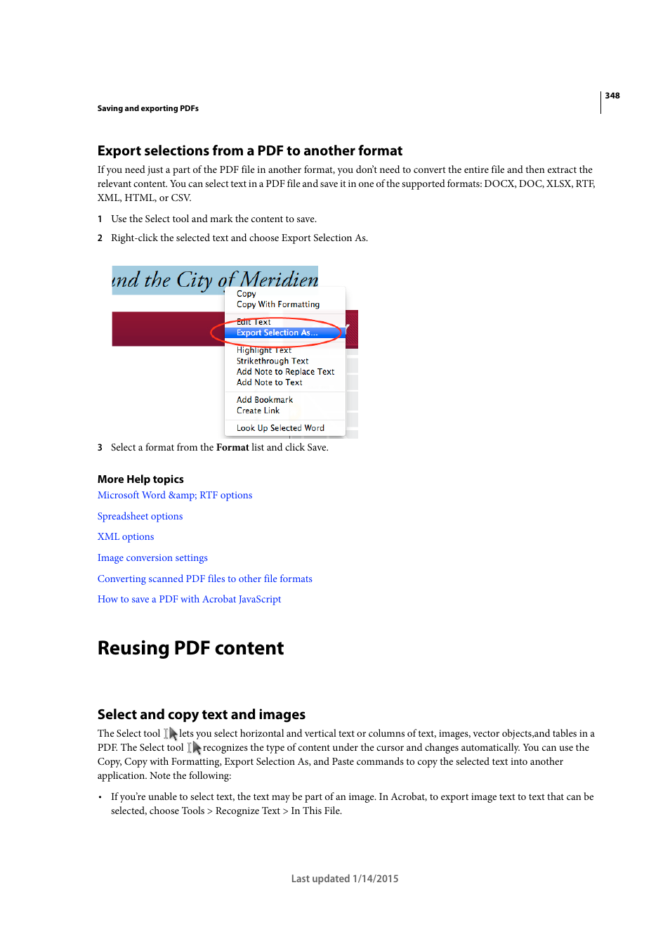 Export selections from a pdf to another format, Reusing pdf content, Select and copy text and images | Adobe Acrobat XI User Manual | Page 355 / 590