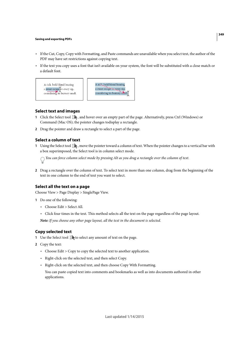 Select text and images, Select a column of text, Copy selected text | Adobe Acrobat XI User Manual | Page 356 / 590