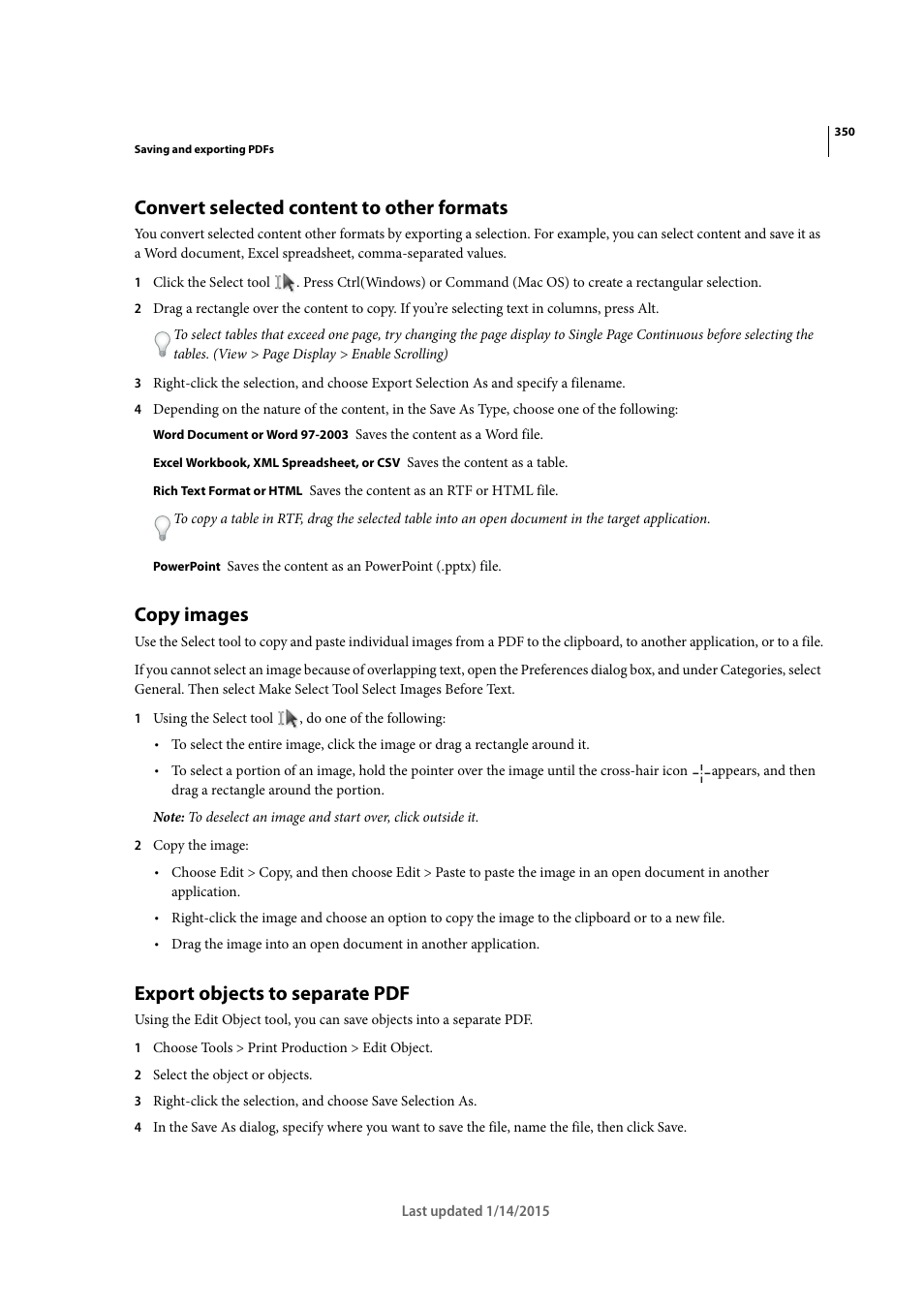 Convert selected content to other formats, Copy images, Export objects to separate pdf | Adobe Acrobat XI User Manual | Page 357 / 590