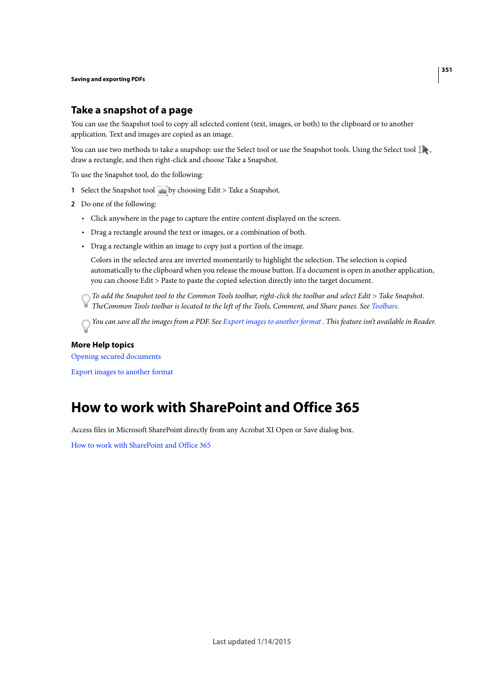 How to work with sharepoint and office 365, Take a snapshot of a page | Adobe Acrobat XI User Manual | Page 358 / 590