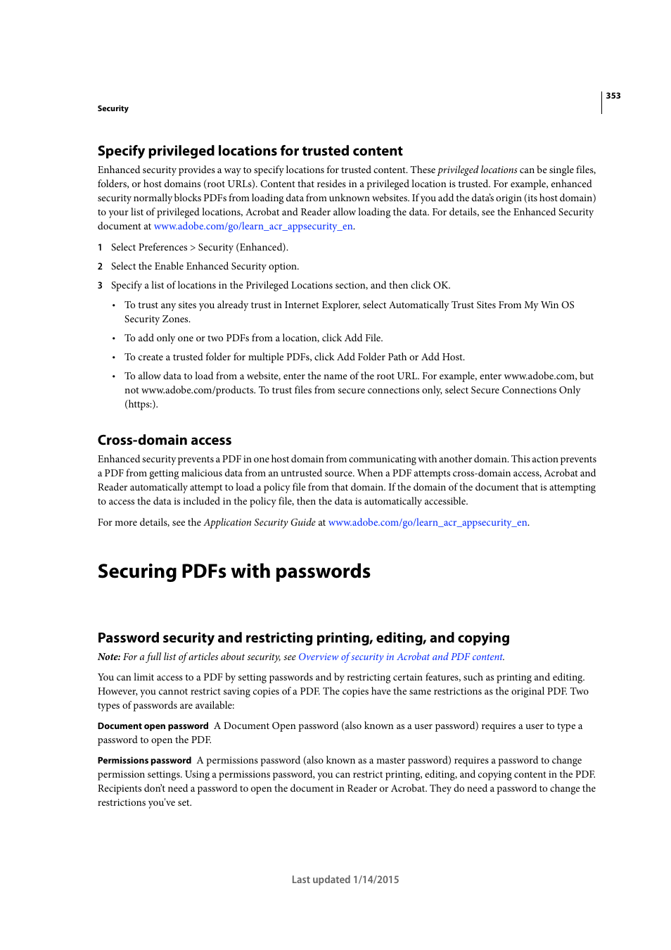 Specify privileged locations for trusted content, Cross-domain access, Securing pdfs with passwords | Adobe Acrobat XI User Manual | Page 360 / 590