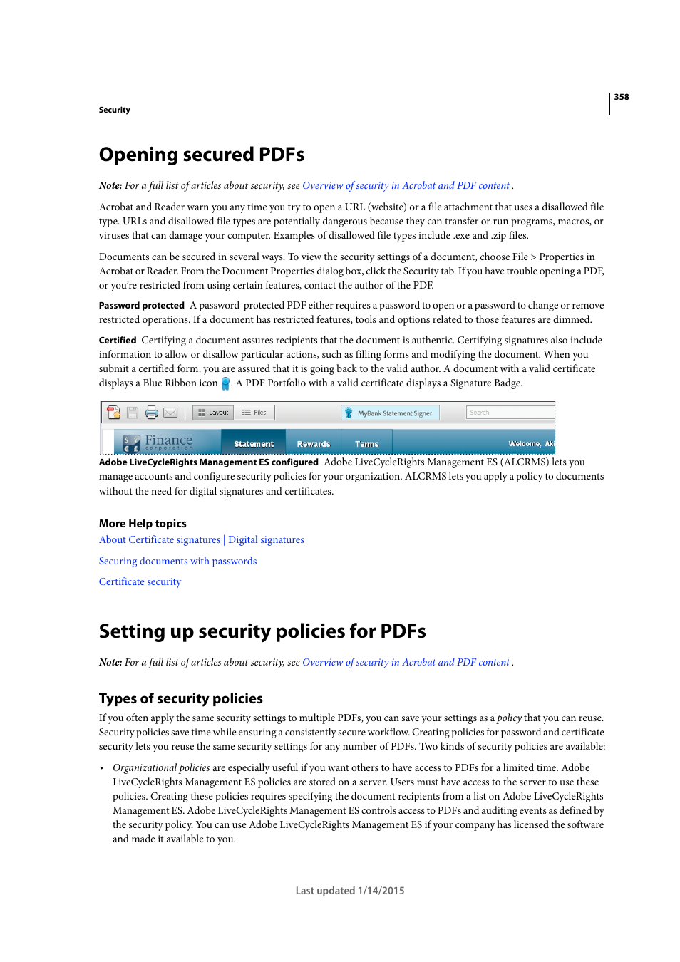 Opening secured pdfs, Setting up security policies for pdfs, Types of security policies | Adobe Acrobat XI User Manual | Page 365 / 590