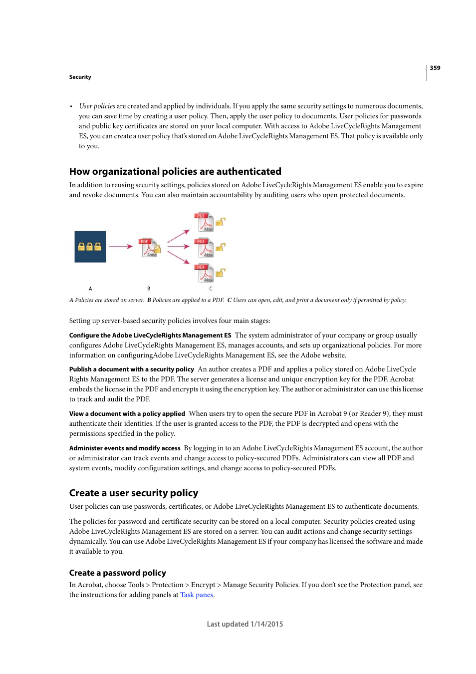 How organizational policies are authenticated, Create a user security policy, Create a password policy | Adobe Acrobat XI User Manual | Page 366 / 590