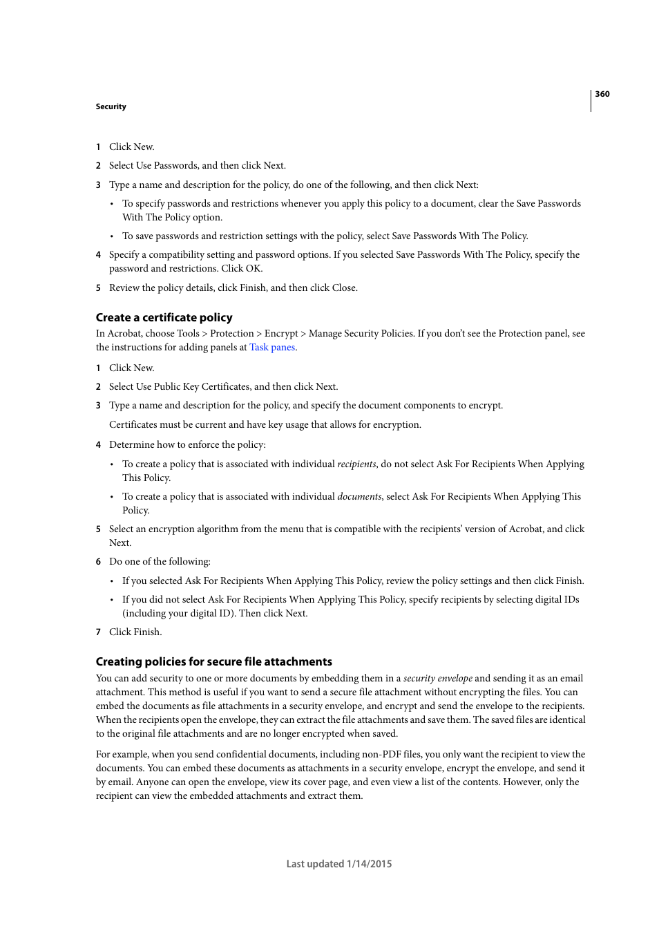 Create a certificate policy, Creating policies for secure file attachments | Adobe Acrobat XI User Manual | Page 367 / 590